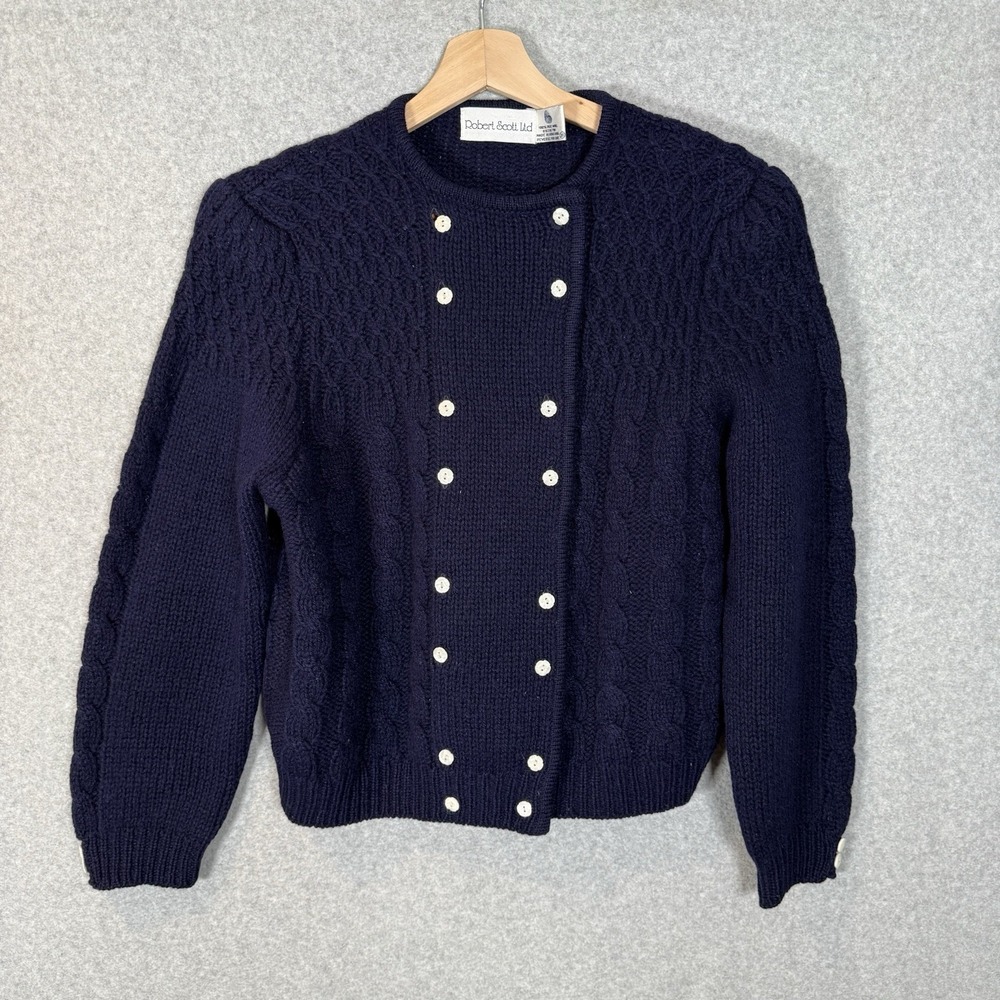 Robert Scott Ltd Pure Wool Sweater Womens XS Navy Blue‎ Double Breasted Cardigan
